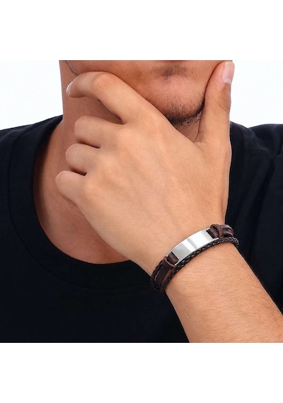 Tesbihane Minimal Tasarım Kahverengi Deri & Gümüş Renk Plaka Kişiye Özel İsim Yazılı Bileklik Kahverengi