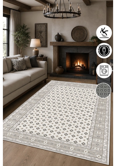 Kilim Desen Baskılı Kaymaz Yıkanabilir Salon Oturma Odası Mutfak Balkon Halısı Yolluk gri