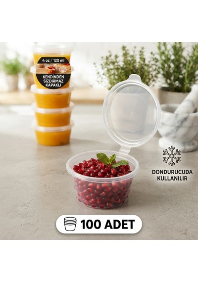 4 Oz 120 Ml, 100 Adet, Sıkı Ve Sızdırmaz Kendinden Kapaklı/sert Plastik Sosluk - Kemik Suyu Ve Sos Kabı Şeffaf