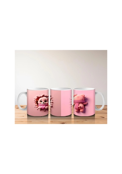 Pembe Çiçekli Çatlakta Sevimli Ayıcık Ve Arka Yüzü Baskılı Kahve Kupası Renkli