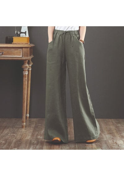 Barbora Keten Günlük Pantolon Beli Lastikli Bağcıklı Ln12Haki7 001