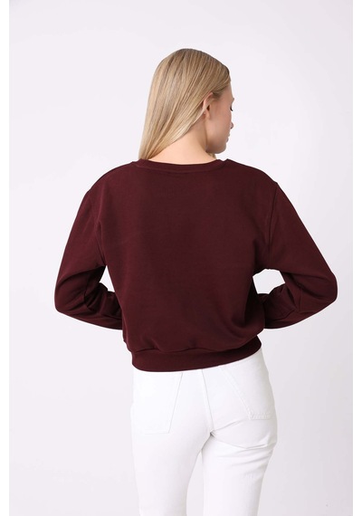 Defys Kadın Bisiklet Yaka Üç İplik Şardonlu Basic Sweatshirt Bordo - 747511219 Bordo