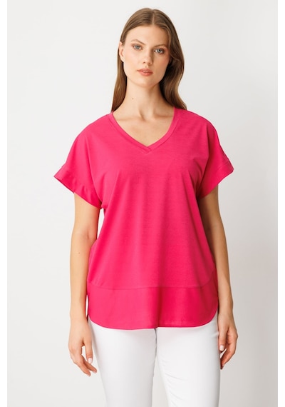 On Kadın Büyük Beden V Yaka Parçalı T-shirt 71476 Fuşya