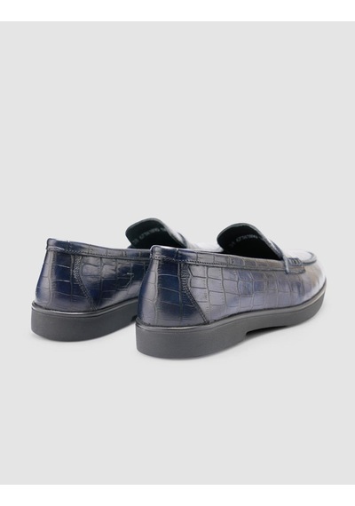 %100 Hakiki Deri Lacivert Croco Desen Kadın Loafer Lacivert