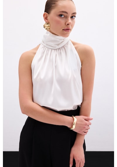 Sateen Boğazlı Kolsuz Bluz - Ekru-135948 Ekru