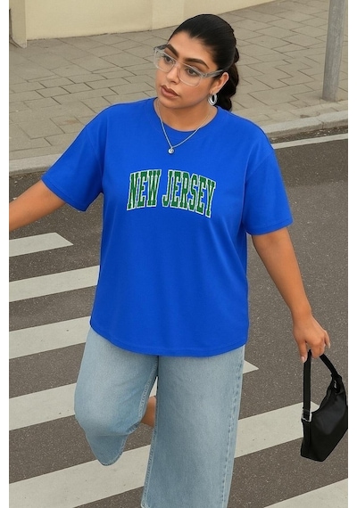 Büyük Beden New Jersey Baskılı Unisex Tişört Saks Mavisi