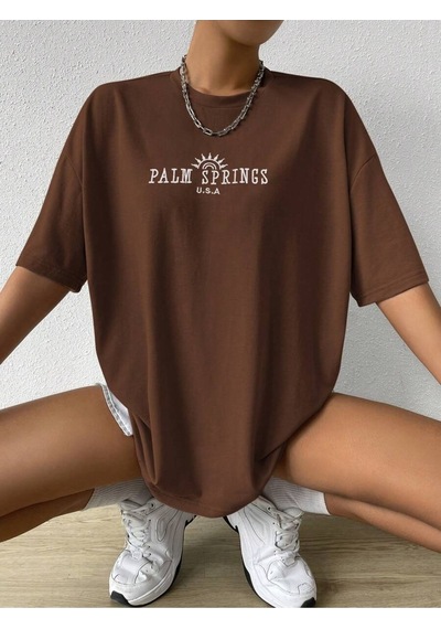 Palm Springs T-shirt - Kahverengi Baskılı Oversize Bisiklet Yaka Kısa Kol Tişört Kahverengi Palm Springs T-shirt - Kahverengi Baskılı Oversize Bisiklet Yaka Kısa Kol Tişört Kahverengi