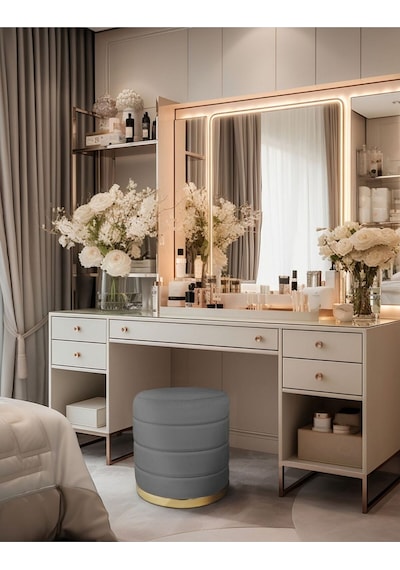 Lungo Roller Gold Kaplama Luxery Puf- Gri Babyface Kumaş Pofuduk Oturma Pufu&makyaj Pufu&bench