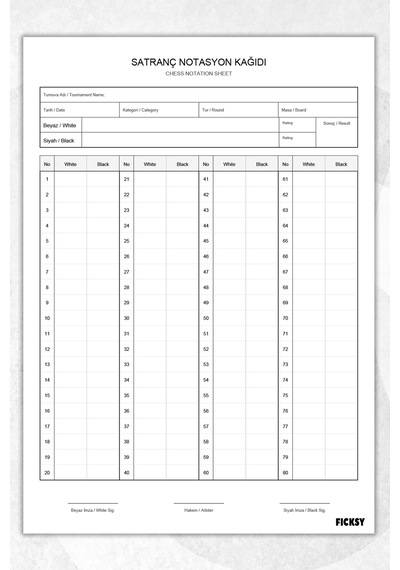 Satranç Notasyon Kağıdı - A5 Ebat - 50 Yaprak - Chess Notation Sheet - Chess Score Diğer