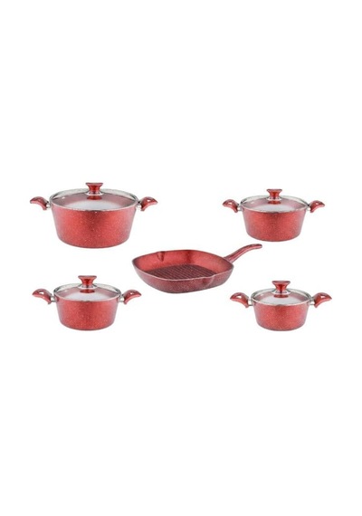 9 Parça Granit Set Cam Kapak - Kırmızı Çok Renkli