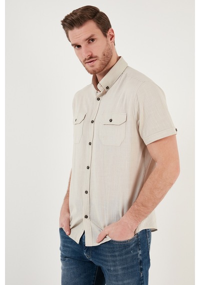Buratti Düğmeli Yaka Pamuklu Slim Fit Cepli Erkek Gömlek Cf21S111153 Taş