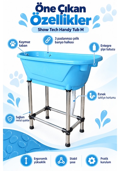 Showtech Handy Tub M Taşınabilir Kedi Köpek Küveti 96cm X 50cm X91cm Mavi