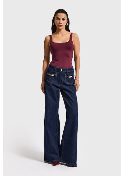 it's basic Kadın İndigo 7s6-50 Midrise Wide Leg Fit Viskon Kumaş Aksesuar Detaylı Denim Jean