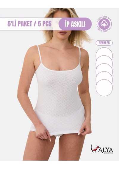Alya Underwear %100 Pamuk Kumaşlı İp Askılı Kadın Atlet Jakarlı Ribana Kalp İşlemeli 5'li Paket Beyaz