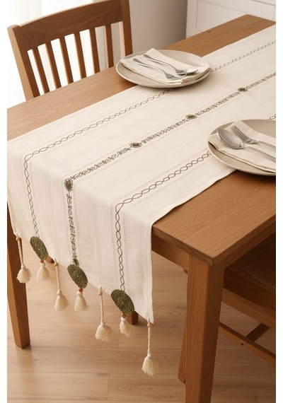 Yeşil Nakışlı Dantelli Runner 50x130 Cm Krem