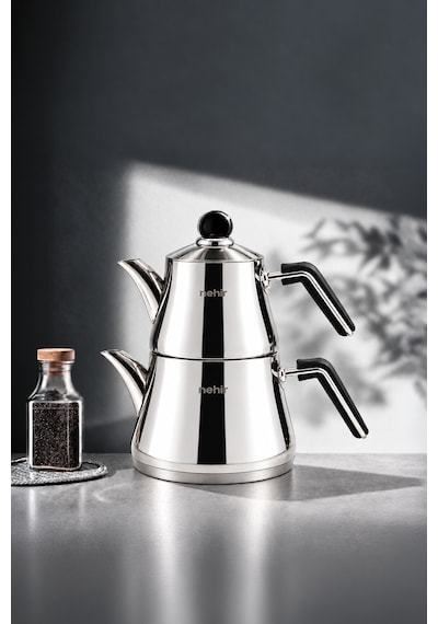 Luna Sade Midi Boy Çelik Kapaklı Paslanmaz Çelik 0.75-1.50 Litre Çaydanlık Takımı Gri
