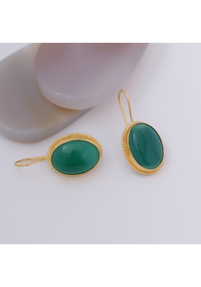 Bayar Gold 14 Ayar Altın Yeşil Akik Taşlı Meftüllü Oval Küpe Sarı Altın