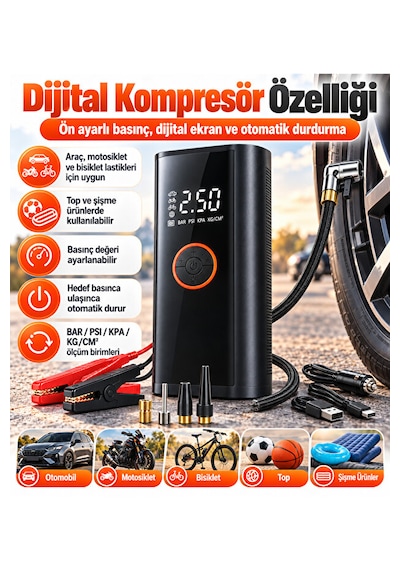 Akü Takviye Cihazı 12v Dijital Hava Kompresörü 16000 Mah Powerbank Otomatik Durdurma Led Sos Çok Amaçlı Şişirme Pompası