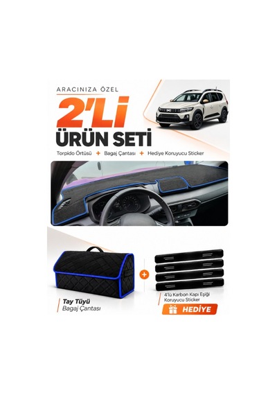 Dacia Jogger Ekransız 2022-2026 Uyumlu Torpido Örtüsü + Tay Tüyü Bagaj Çantası Seti - Siyah Mavi