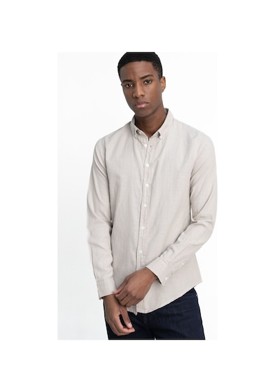 Tudors Slim Fit Uzun Kol Biyeli Yaka Düğmeli Keten Erkek Taş Gömlek-26907-taş Rengi Taş