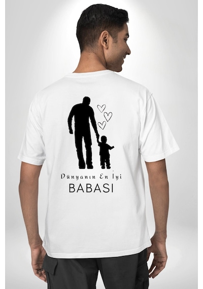 Babalar Günü Dünyanın En İyi Babası Beyaz Oversize Unisex Ön Ve Sırt Baskılı Tişört Beyaz