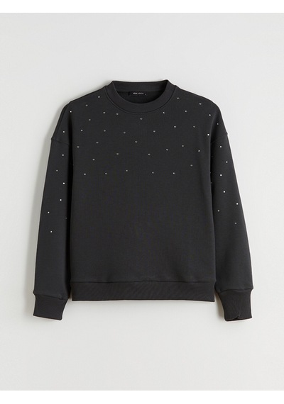 Lcw Vision Antrasit Bisiklet Yaka Taşlı Oversize Kadın Sweatshirt