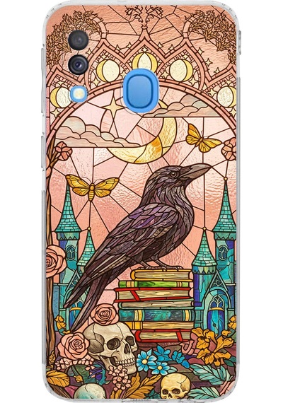Printify Samsung Galaxy A40 İle Uyumlu Vitray Bilge Kuzgun Tasarımlı Şeffaf Silikon Kılıf Şeffaf