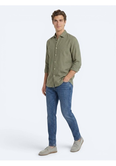 Kip Nefti Yeşil Düz Regular Fit Uzun Dokuma Casual Pamuk Karışımlı Gömlek