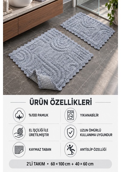 Alanur Bodrum Tufting Cotton Pamuklu El Işi Örgülü 2 Li Paspas 113 gri