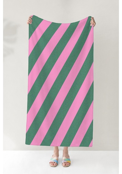 Çizgili Pembe Yeşil Modern Plaj Havlusu - Minimalist Çapraz Çizgi Hızlı Kuruyan Mikrofiber Havlu Çok Renkli