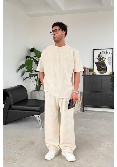 Bej İnce Fitilli Oversize Tişört Bej