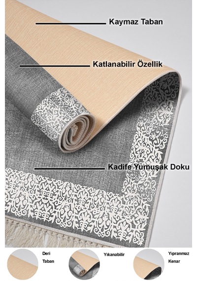Dekoreko Kaymaz Taban Djt Banyo Halısı Yıldız Deri Saçaklı Modern 1460 gri