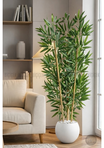 125cm Yapay Bambu Ağaci Beyaz Küre Saksıda