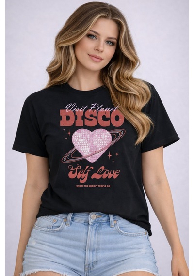 Herkesemoda Disco Self Love Baskı Detaylı Basic T-shirt Siyah