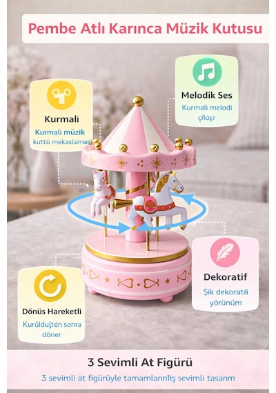Pembe Atlı Karınca Müzik Kutusu Kurmalı Dönen Dekoratif Biblo Nostaljik Hediye Çocuk Odası İçin Şık