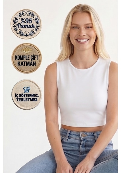 Mistirik Pineyto Model Sıfır Kollu Pamuklu Yumuşak Ve Esnek Formüllü Tasarım Basic Atlet Crop Beyaz Renk