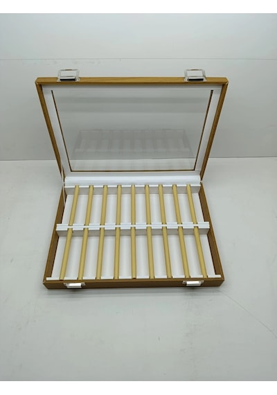 Cam Kapaklı Deri Kumaş Kahve-beyaz Renk 34 Cm / 24 Cm Alyans Sergileme Standı