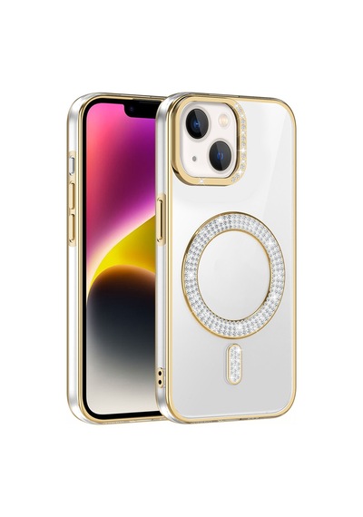 Apple Uyumlu iPhone 14 Kılıf Pırlanta Taş Tasarımlı M-safe Şarj Özellikli Zore Karetta Silikon Kapak Mavi