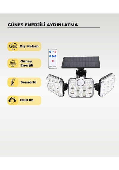 138 Led Solar Projektör Sensörlü Kumandalı 6500k Beyaz Işık 1200 Lümen Ip65 Güneş Enerjili Dış Mekan Aydınlatma 1 Adet