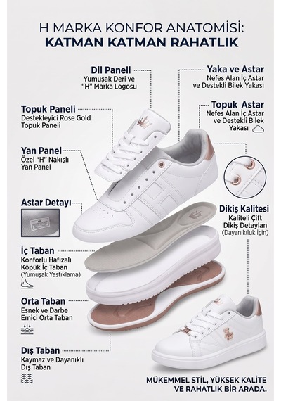 Ayakkabı Fuarı Elit. Asozrebeka Kadın Klasik Sneaker Beyaz - Altın