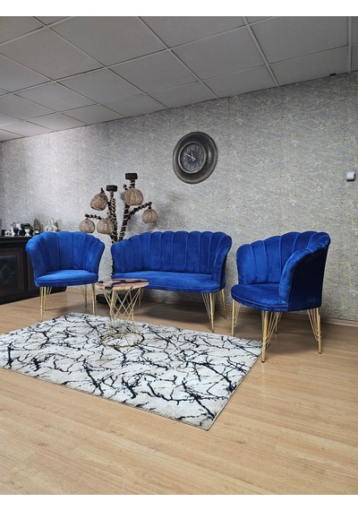Zafir Gold Kaplama Tel Ayak Papatya Çay Seti Koltuk Takımı , Balkon, Salon, Ofis, Cafe Koltuk Takımı Mavi