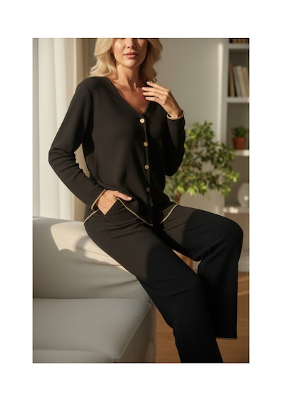 Moda Dua Premium Kadın Fitilli Pijama Takımı Siyah Gold Biye Detaylı, Yumuşak Dokulu Ev Şıklığı