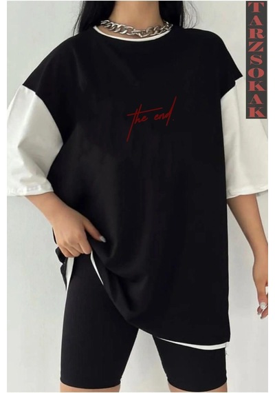 Tarzsokak Siyah Oversize Çift Renk The End Baskılı Unisex Tshirt Beyaz