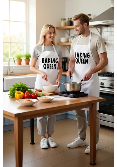 Kadın Unisex Mutfak Aşçı Önlüğü Baskılı Boyundan Bağlamalı Rahat Beyaz