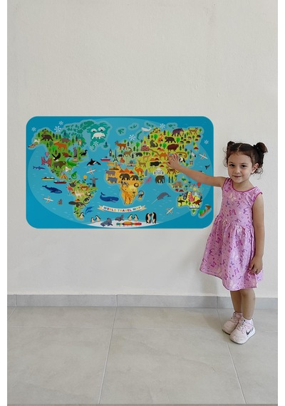 Eğitici Dünya Haritası Dünya Atlası Çocuk Ve Bebek Odası Duvar Sticker-60x105-3788 - Renkli Çok Renkli