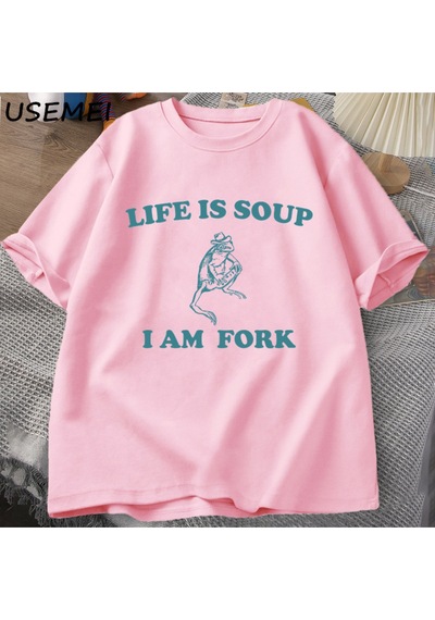 Flood Of Style Hayat Çorba Ben Çatal Kurbağa Grafik T Shirt Pamuk Unisex Komik Retro Tişört Yaz Hayvan Baskı Pembe