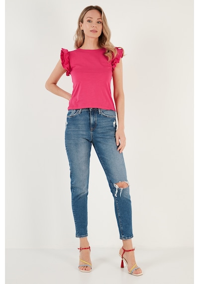 Lela Pamuklu Kolları Fırfırlı Slim Fit Bisiklet Yaka Bayan T Shirt 5864500 Fuşya
