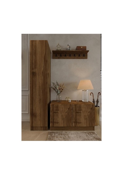 Karnaval Portmanto P9101-2 Ceviz - 3 Kapaklı Askılık Portmanto - Vestiyer - Ayakkabılık