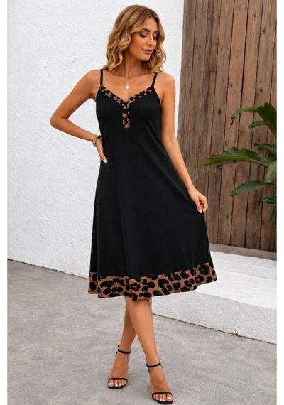 Butik İstanbul Kadın Ip Askılı V Yakalı Leopar Desenli Midi Viskon Elbise Siyah