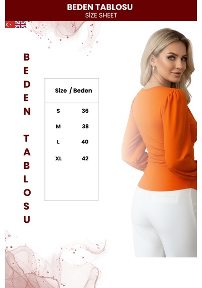 Zedefx Kadın V Yaka İnci Süslemeli Bluz Turuncu
